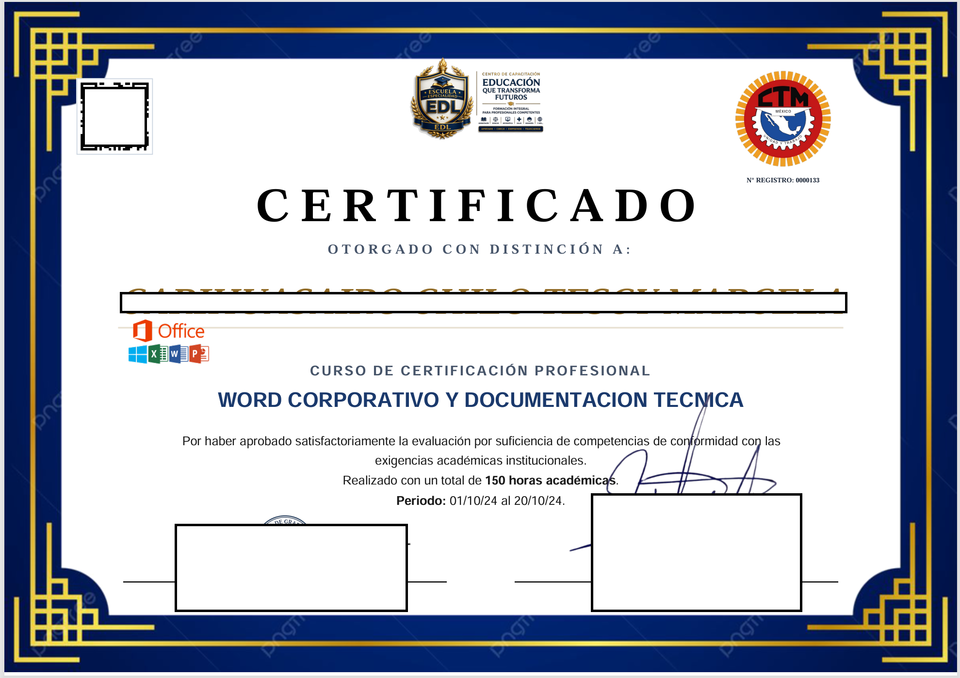Muestra de Certificado Oficial EDL USA